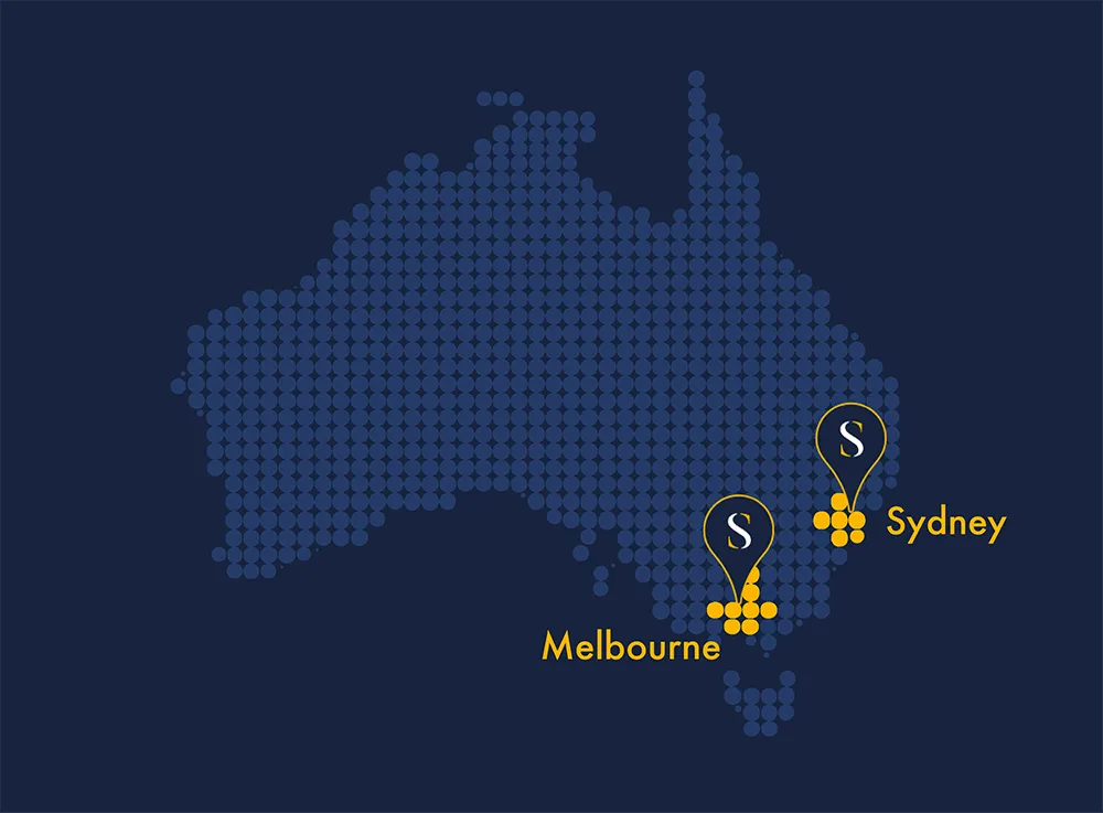 Stylised dotted map of Australia showing Stowe locations in Sydney and Melbourne